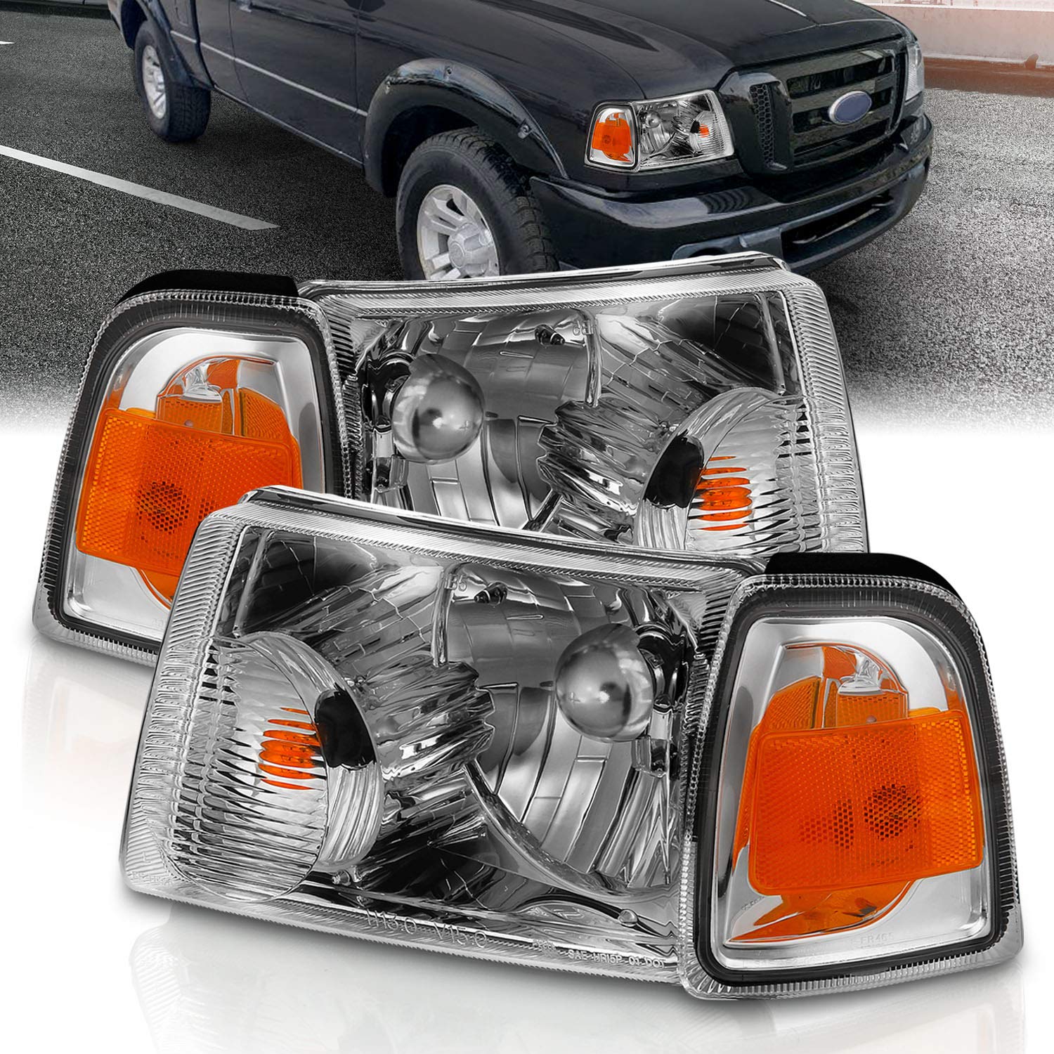 AmeriLite for 2001-2011 Ford Ranger Pickup Truck Chrome Factory OE Style  Replacement Headlights Assembly Corner