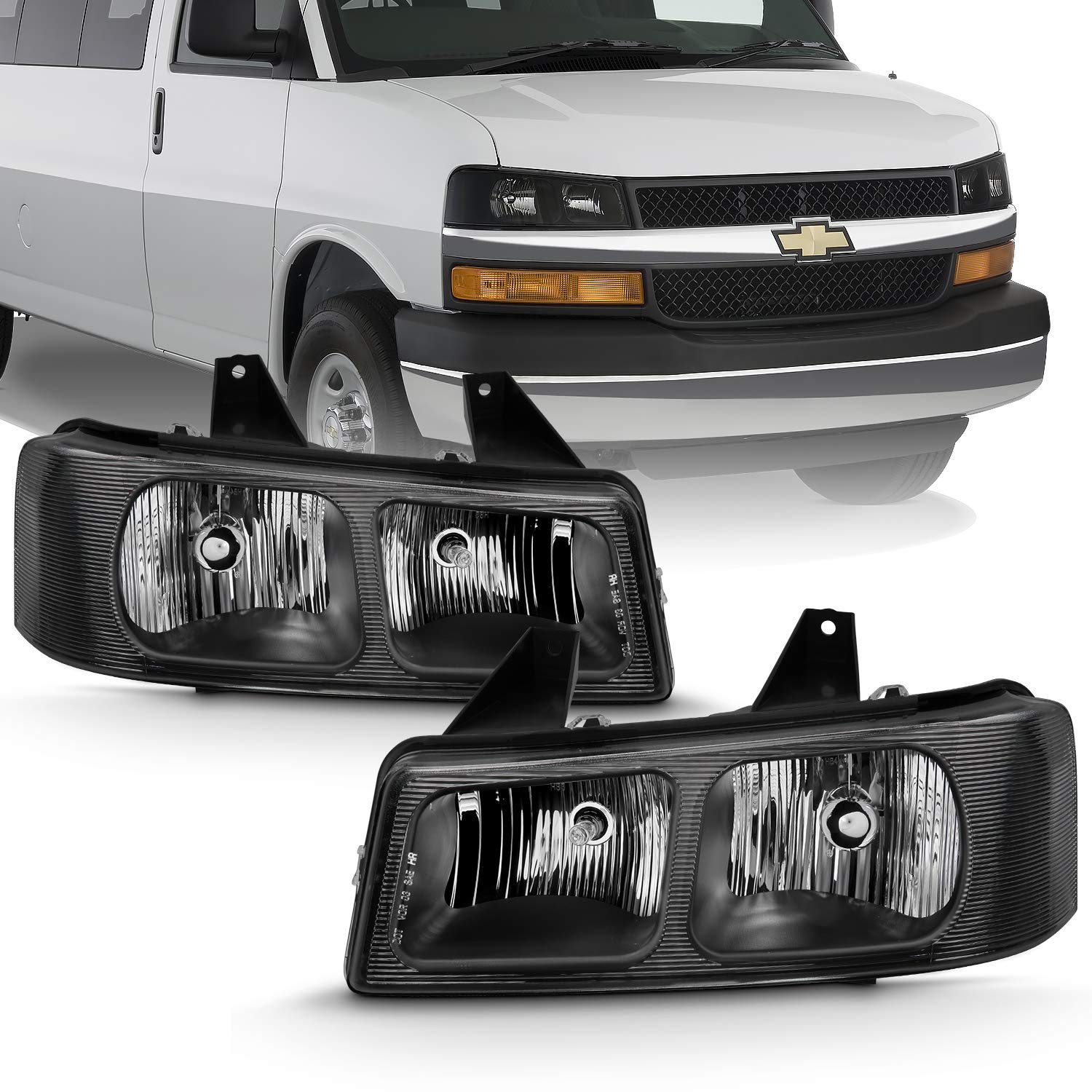 Amazon.com: AmeriLite for 2003-2019 GMC Savana Chevy Express Van Black  Housing Upgrade Halogen Replacment Headlight Composite Set - Passenger and  Driver Side : Automotive
