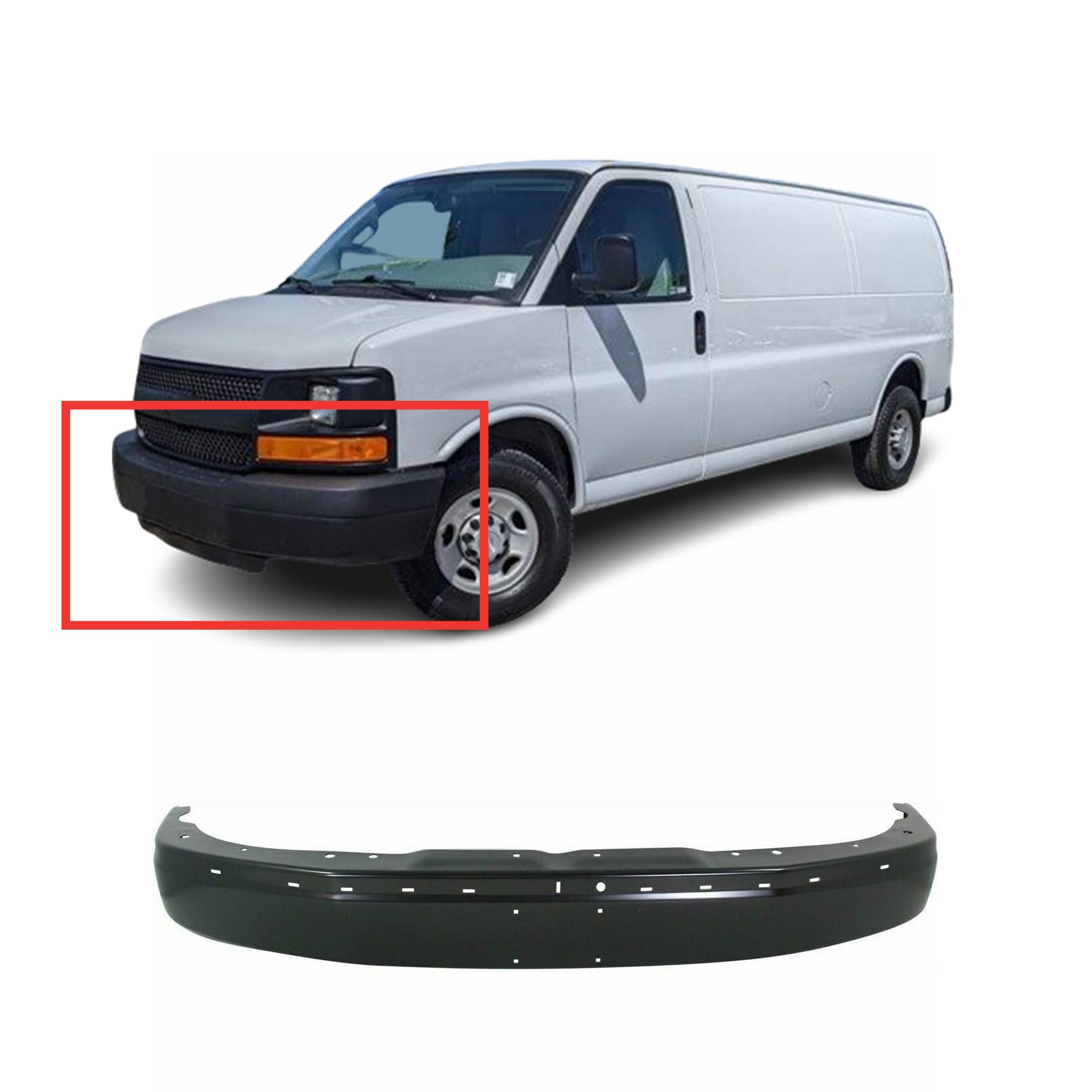 Fitparts Front Steel Bumper Cover Fascia Replacement For 2003 2005 2007  2009 2011 2013 2015 2017 2020 Chevy Chevrolet Express GMC Savana 03 05 07  09 11 13 15 17 20. New. W/License Plate Holes 22872781