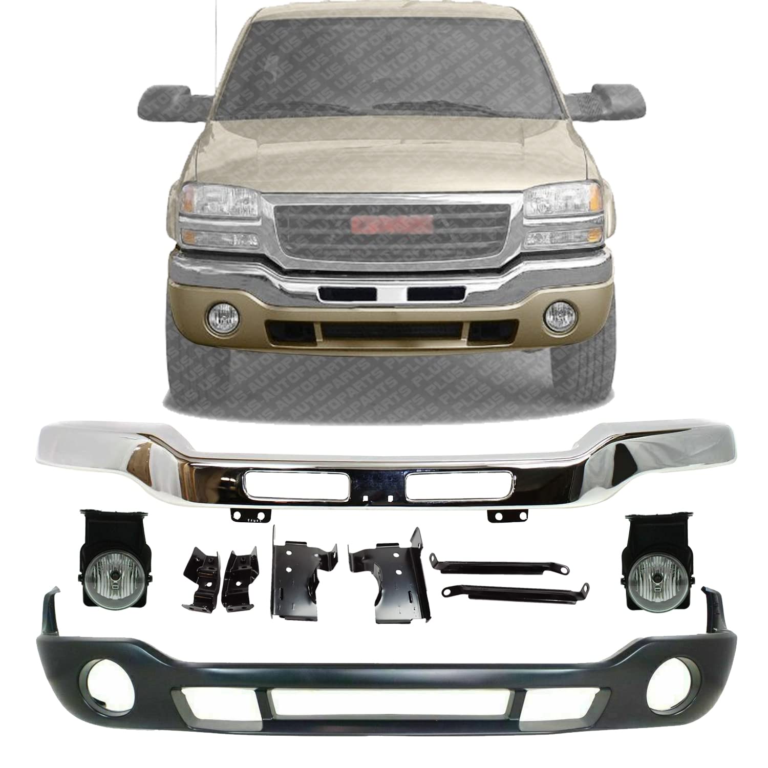 US AUTO PARTS PLUS New Front Bumper Chrome Steel With Brackets + Lower  Valance Primed + Fog Lights Left & Right Side Direct Replacement For GMC  Sierra 1500 2500HD 3500 2003-2006 GM1002463 12335963