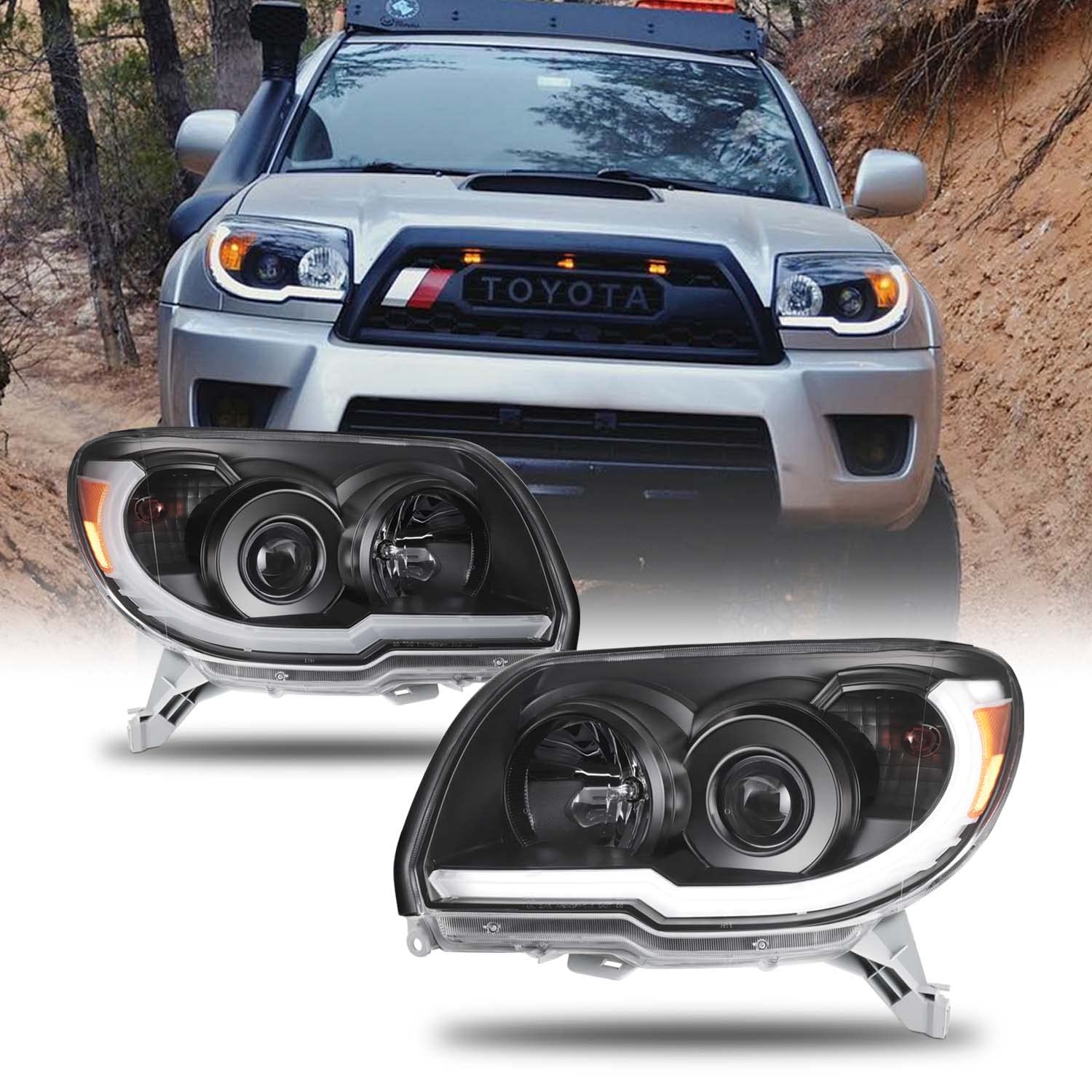 AKKON - For 2006 2007 2008 2009 Toyota 4Runner LED DRL Projector Black  Headlights Lamps Pair