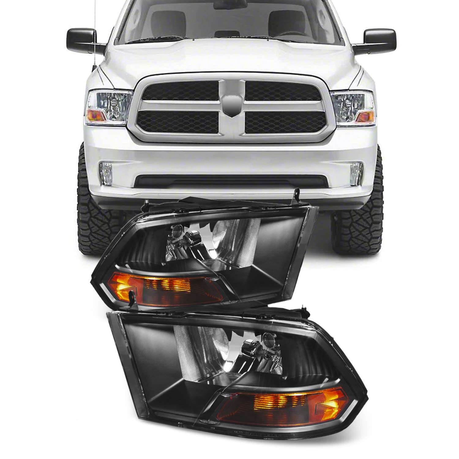 AKKON - For Black 09-18 Ram 1500 2010-2018 Ram 2500 3500 Pickup Truck  Headlights Front Lamps Direct Replacement