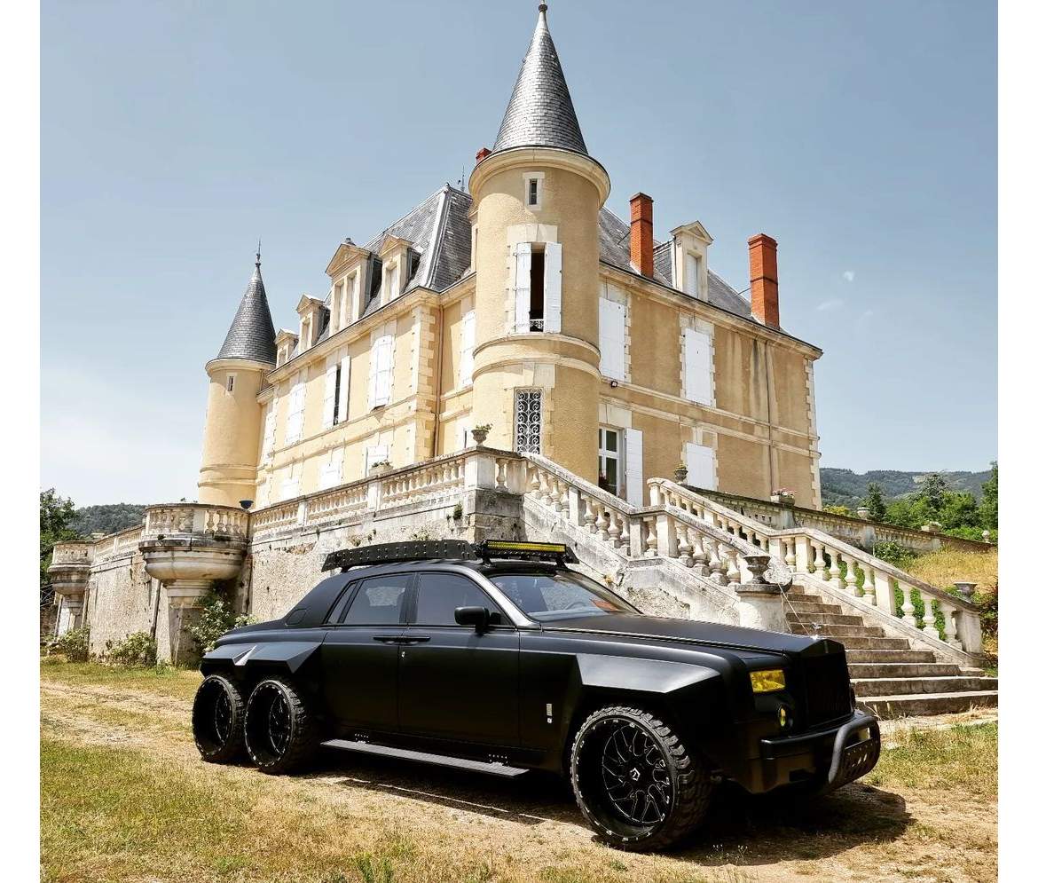This one-of-its-kind monstrous 6-wheeled off-road Rolls-Royce Phantom is on  sale for $5.2 million. Outrageous even for Furiosa, this eye-catching car  comes with gold-plated brakes, crocodile leather steering wheel, and the  insignia umbrella