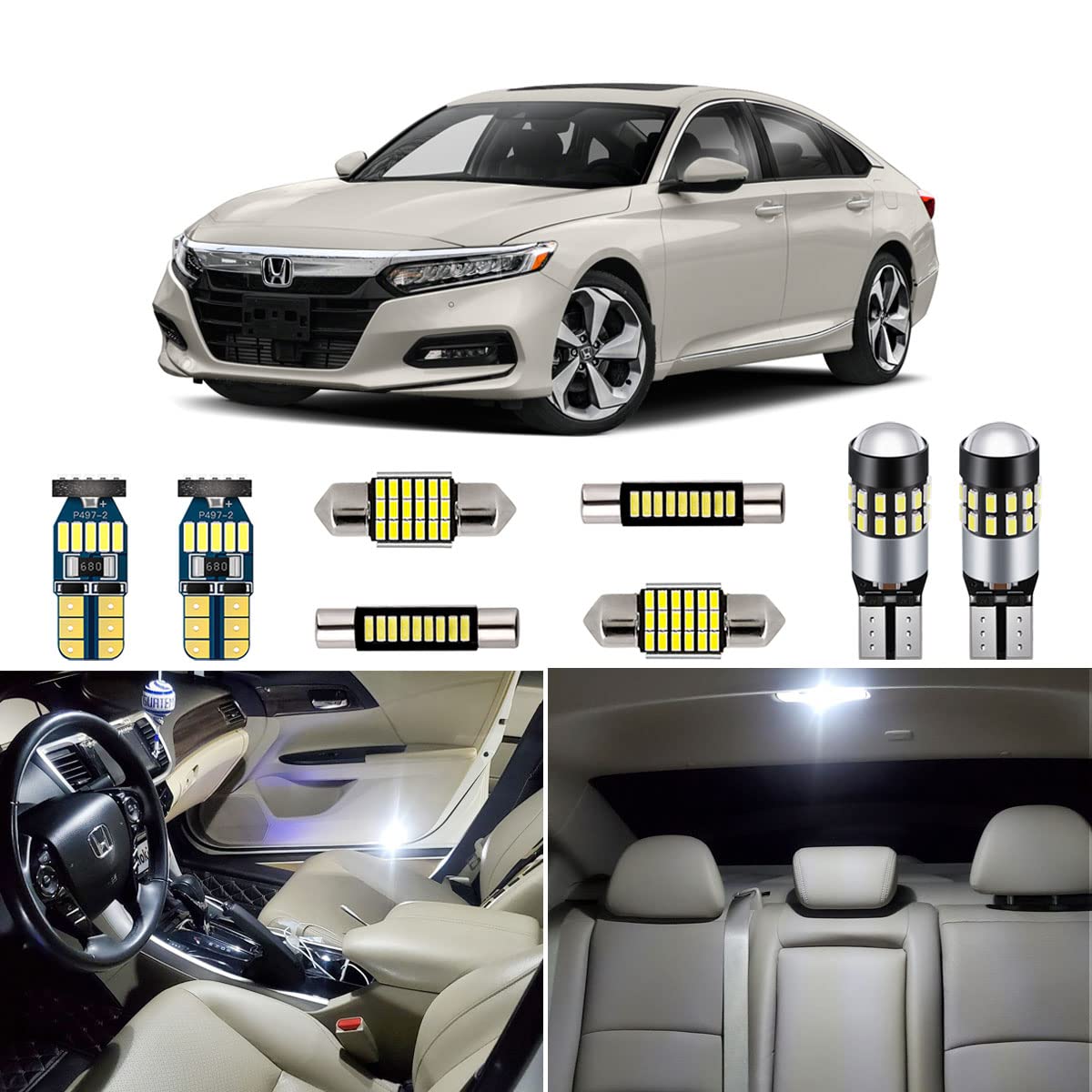 AUTOGINE 14 Piece White Interior LED Lights Kit for Honda Accord 2013 2014  2015 2016 2017 2018 2019 2020 2021 Super Bright 6000K Interior LED Light  Bulbs Package + Install Tool