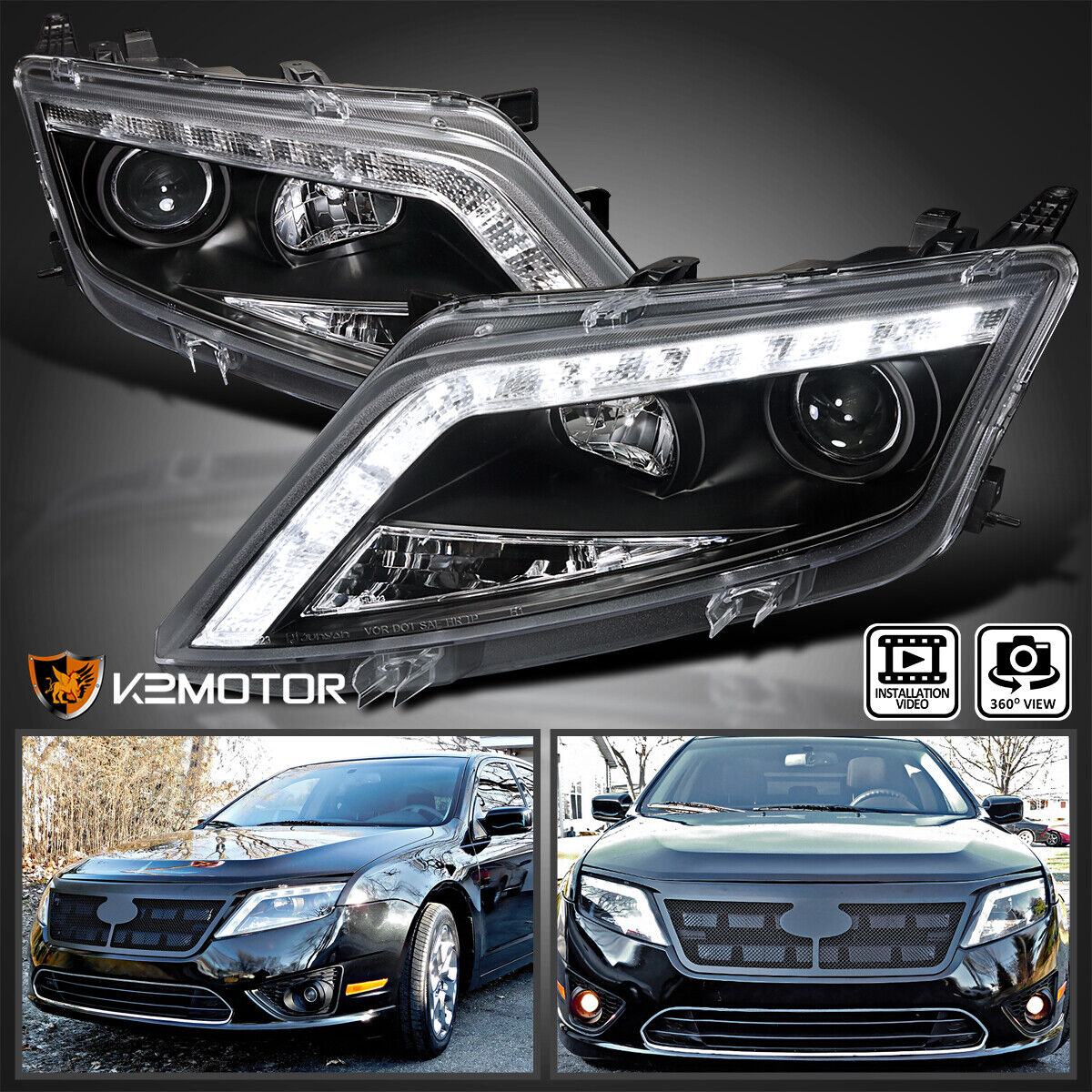 Fits Black 2010-2012 Ford Fusion LED Strip Projector Headlights Head Lamps  Pair 841808125805 | eBay