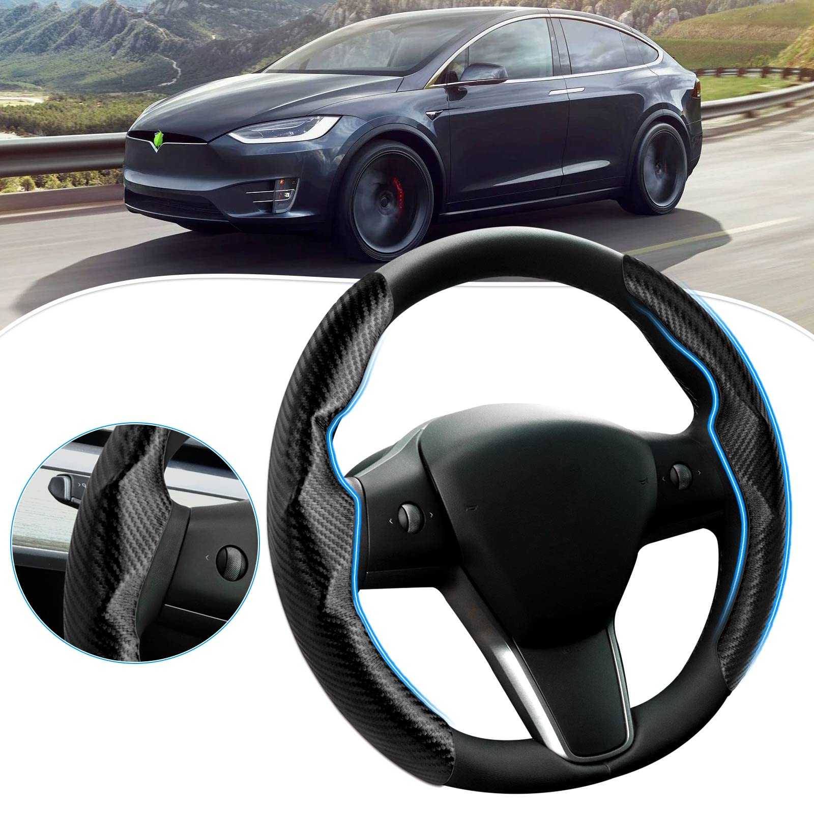 Canvcle Compatible with Carbon Fiber Steering Wheel Cover Tesla Model 3  2017-2023 /Model Y 2020-2023 Car Steer Wheel Cover Protector Black for Men  and Women Non Slip 2PCS